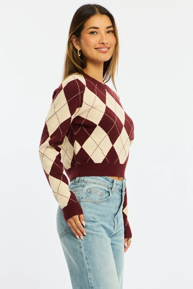 Red Check Knit Top Long Sleeve V-neck Argyle sold by Ally Fashion product image thumbnail 4