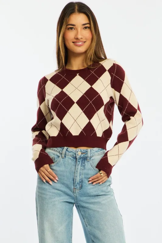 Red Check Knit Top Long Sleeve V-neck Argyle made by Ally Fashion