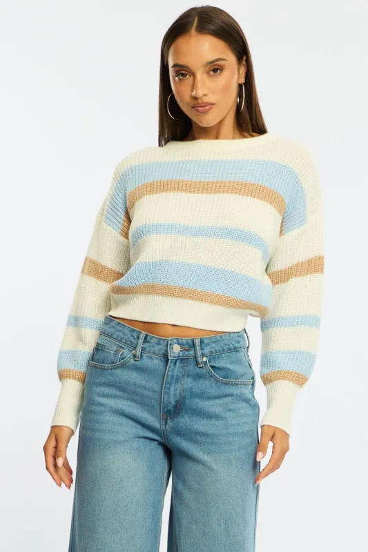 Blue Stripe Knit Top Long Sleeve Color Block sold by Ally Fashion