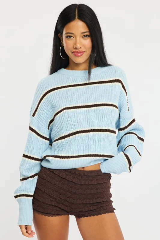 Blue Stripe Knit Top Long Sleeve Color Block sold by Ally Fashion