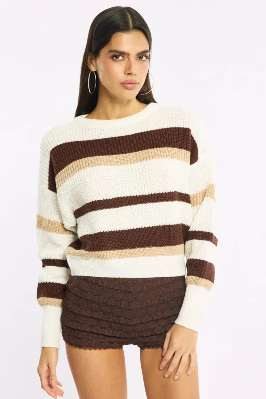 Beige Stripe Knit Top Long Sleeve Color Block sold by Ally Fashion