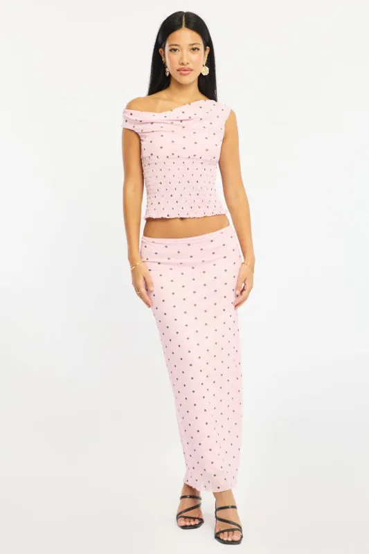 Pink Polka Dot Mesh Skirt Elasticated Picot Trim Midaxi made by Ally Fashion
