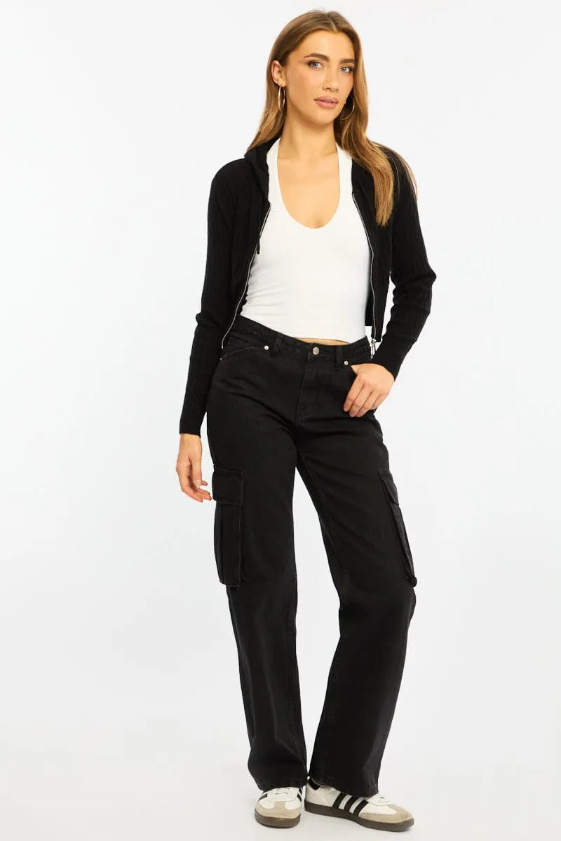 Black Cable Knit Zip-up Hooded Cardigan sold by Ally Fashion product image thumbnail 2