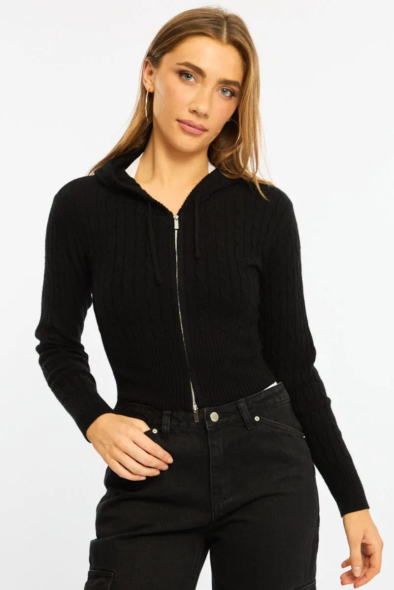 Black Cable Knit Zip-up Hooded Cardigan sold by Ally Fashion
