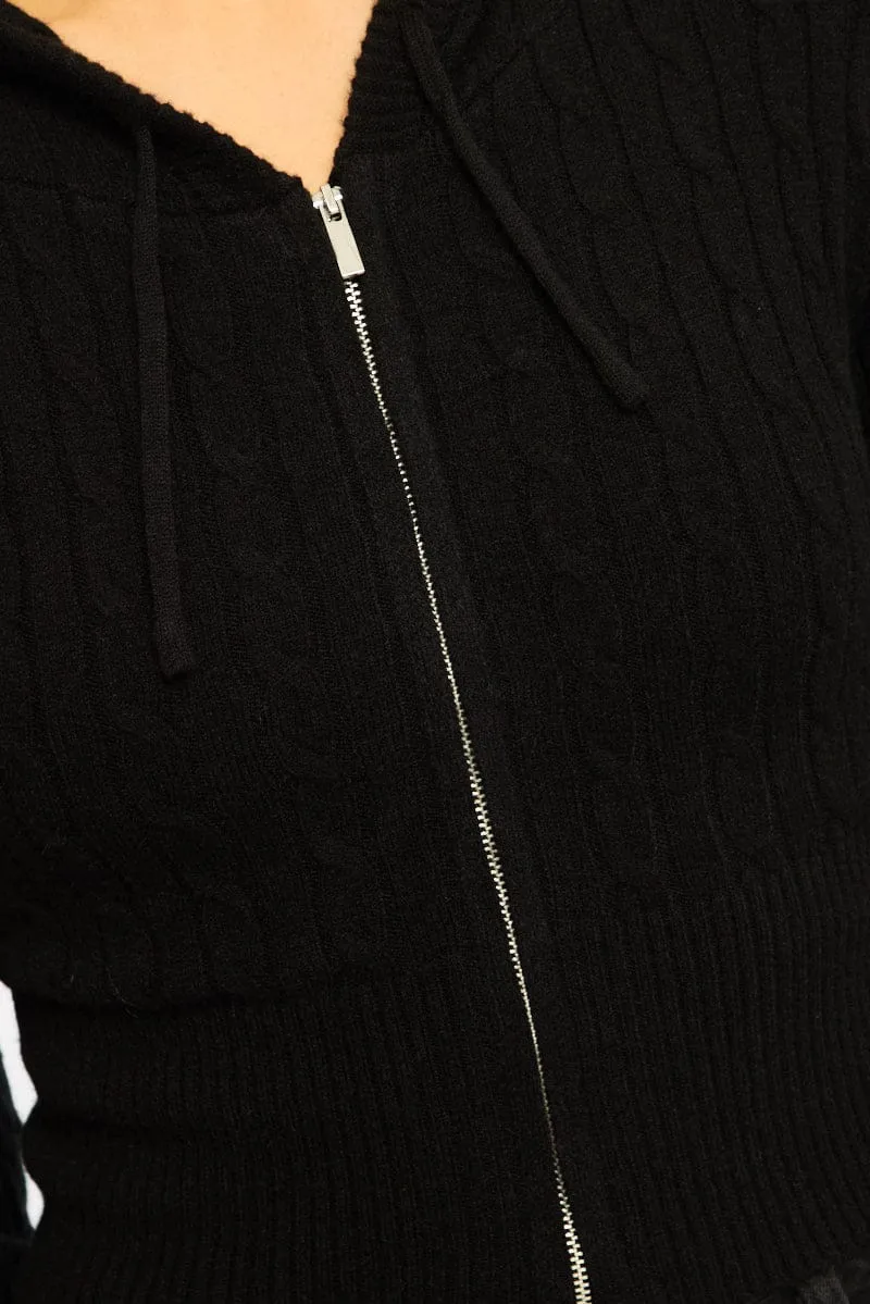 Black Cable Knit Zip-up Hooded Cardigan sold by Ally Fashion product image thumbnail 5