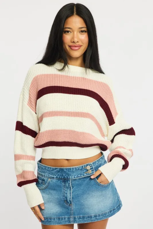 Pink Stripe Knit Top Long Sleeve Color Block sold by Ally Fashion