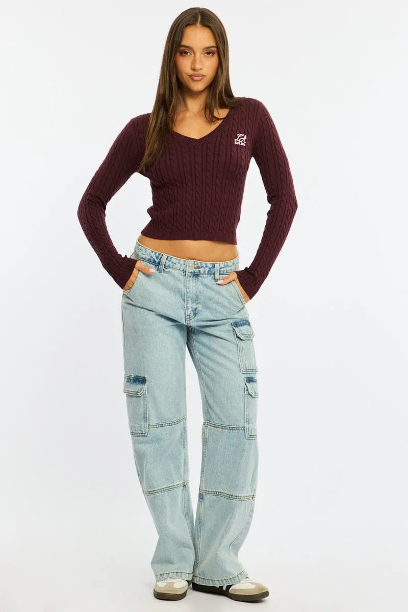 Brown Cable Knit Top V-neck Embroidered Detail sold by Ally Fashion product image thumbnail 2