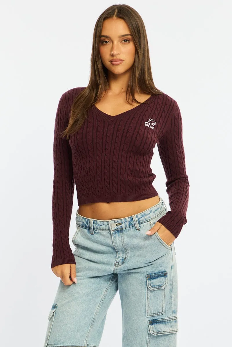 Brown Cable Knit Top V-neck Embroidered Detail sold by Ally Fashion product image thumbnail 3