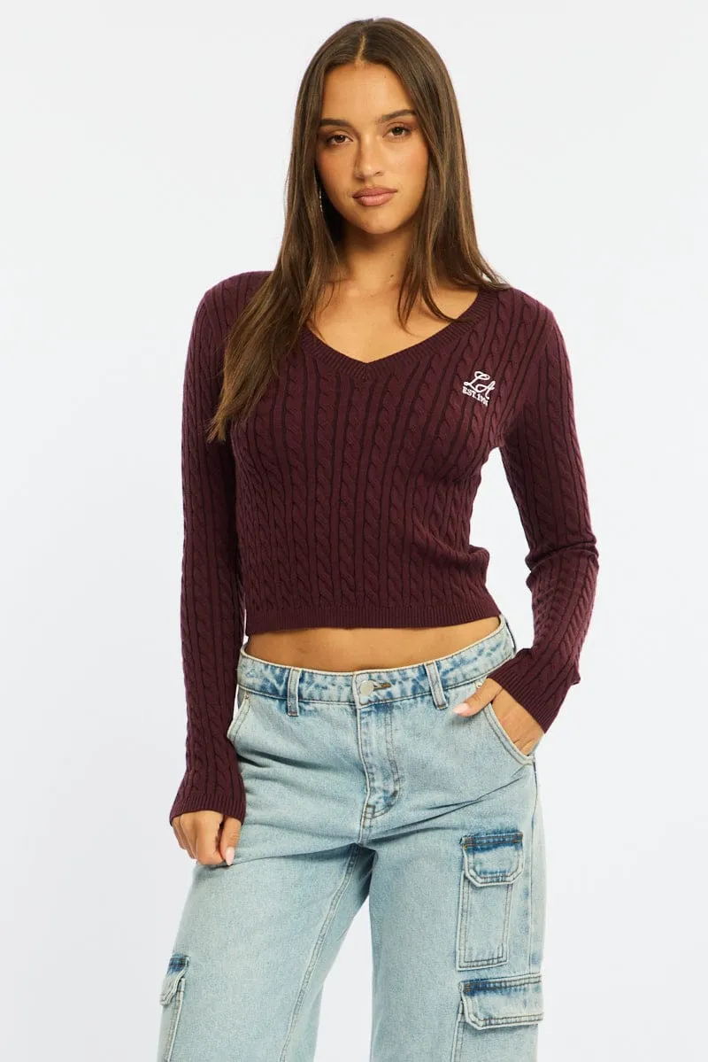 Brown Cable Knit Top V-neck Embroidered Detail sold by Ally Fashion