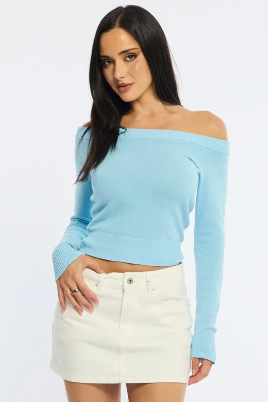 Blue Stripe Knit Top Off Shoulder Long Sleeve made by Ally Fashion