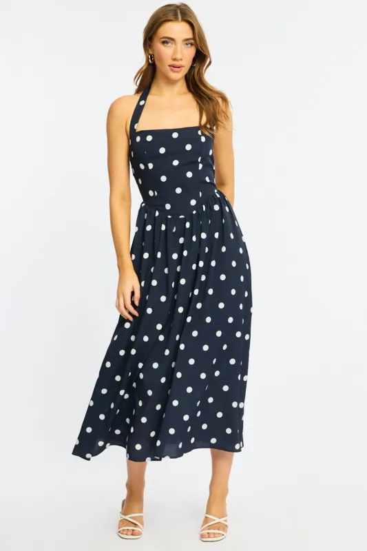Blue Polka Dot Maxi Dress Halter Neck made by Ally Fashion