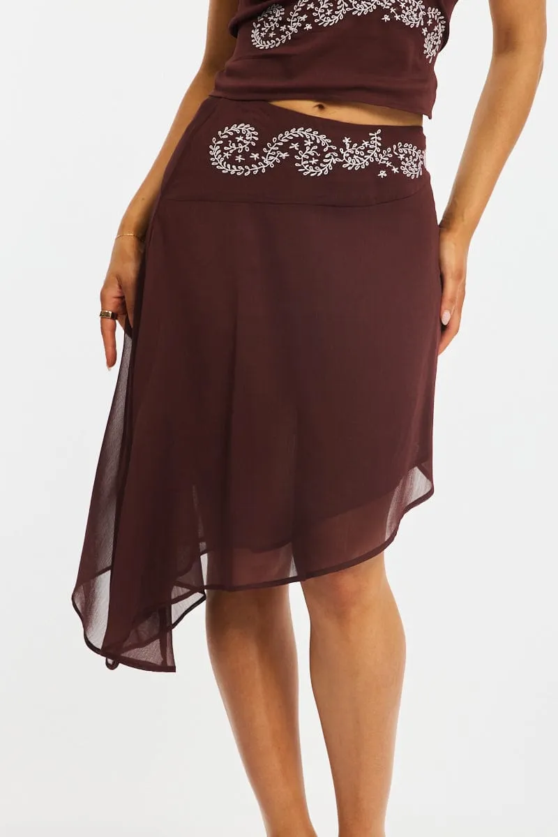 Brown Asymmetric Midi Skirt Mid Rise Embroidered sold by Ally Fashion product image thumbnail 2