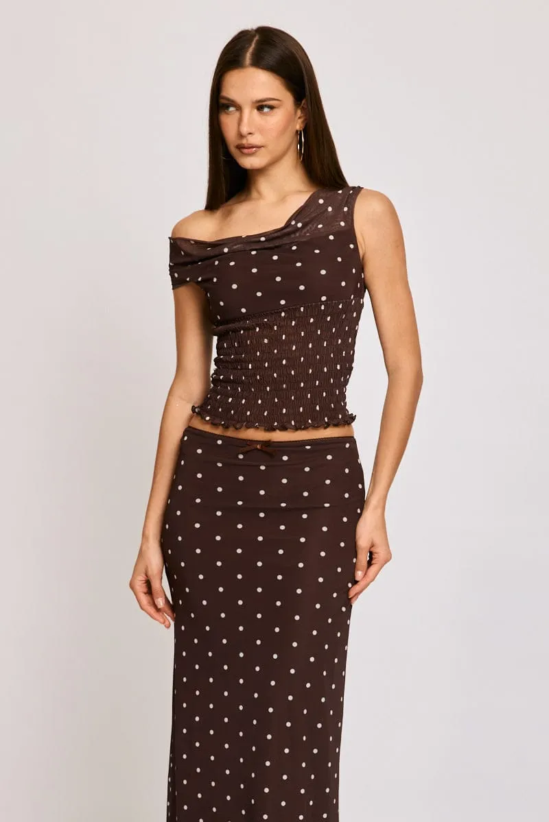Brown Polka Dot One Shoulder Polka Dot Mesh Top sold by Ally Fashion product image thumbnail 2