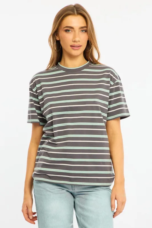 Grey Stripe Short Sleeve Oversized Stripe Tshirt made by Ally Fashion
