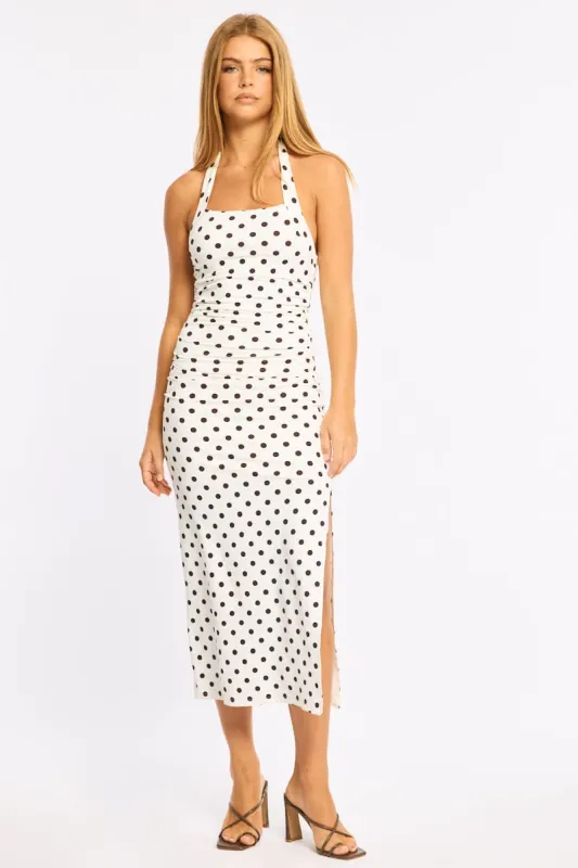White Polka Dot Bodycon Dress Halter Neck made by Ally Fashion