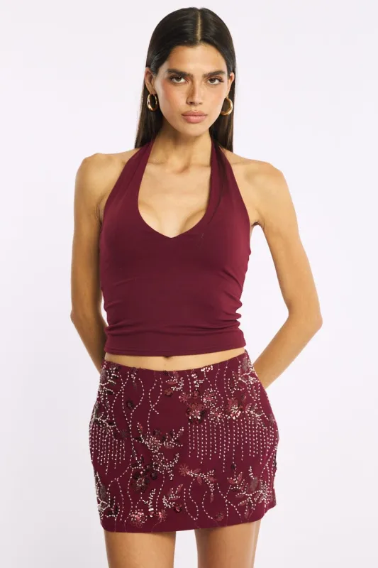 Red Sequins Mini Skirt Mid Rise Lined made by Ally Fashion