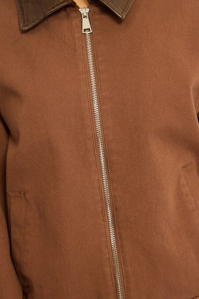Brown Worker Jacket Faux Leather Collar sold by Ally Fashion product image thumbnail 5
