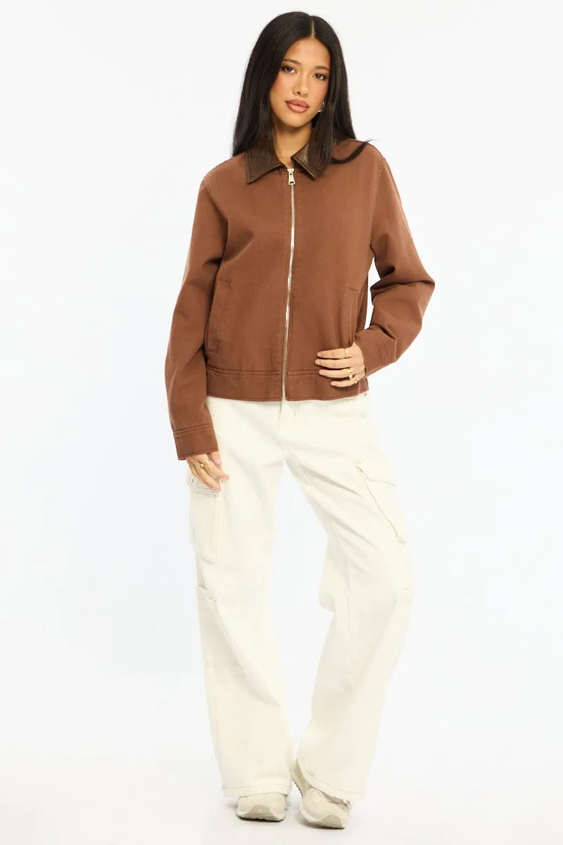 Brown Worker Jacket Faux Leather Collar sold by Ally Fashion product image thumbnail 2