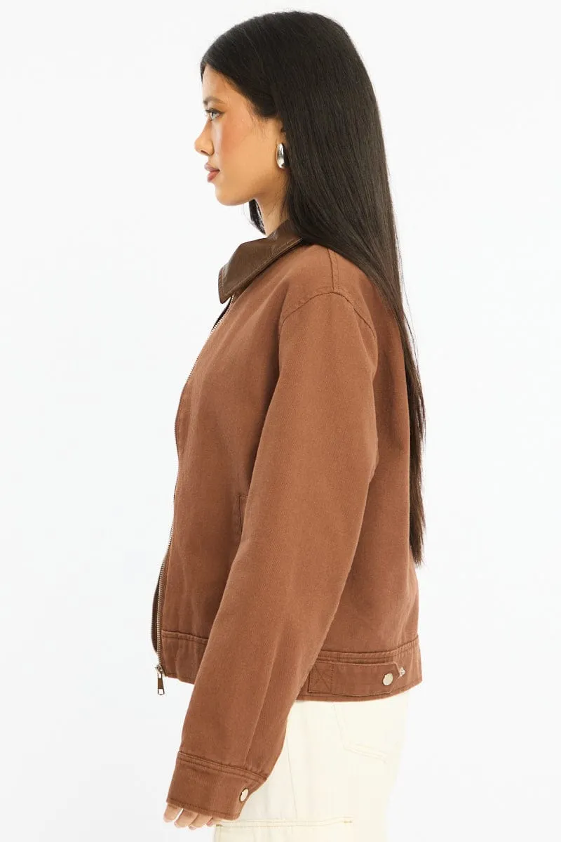 Brown Worker Jacket Faux Leather Collar sold by Ally Fashion product image thumbnail 3