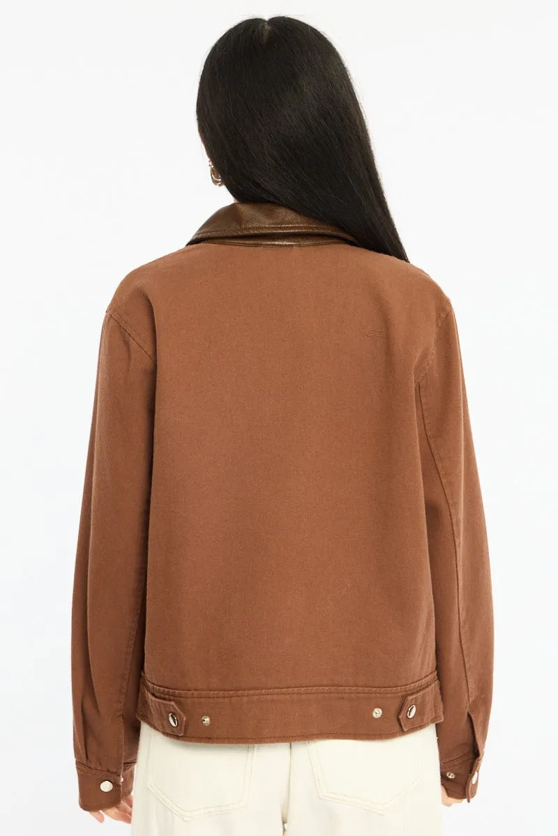Brown Worker Jacket Faux Leather Collar sold by Ally Fashion product image thumbnail 4