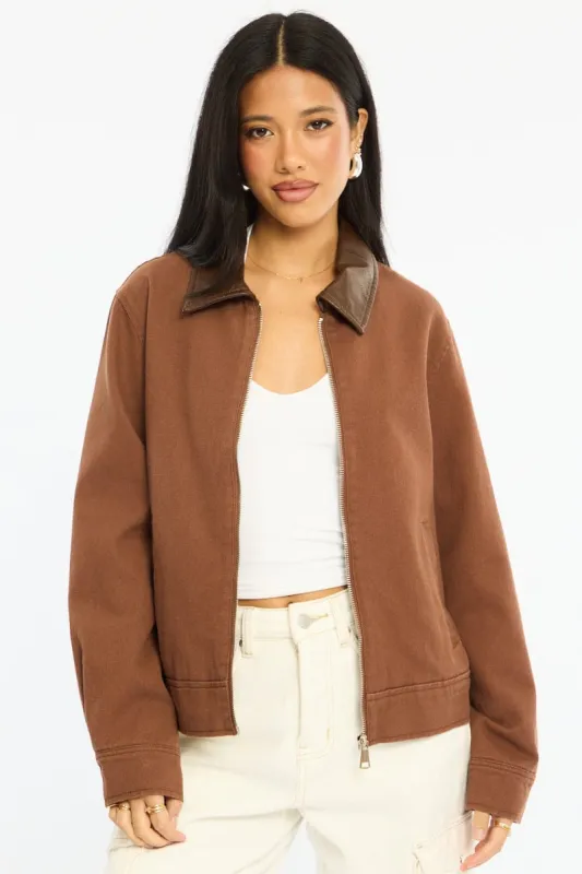 Brown Worker Jacket Faux Leather Collar made by Ally Fashion