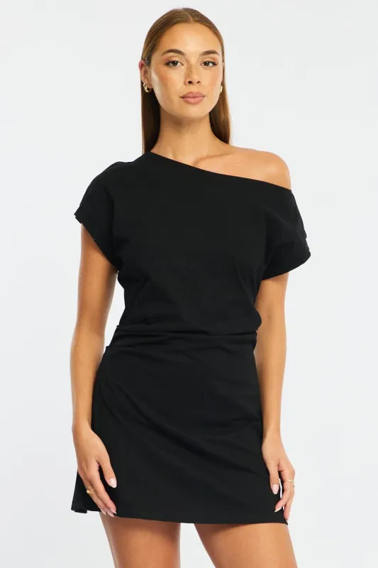 Black Asymmetrical Neckline Mini Dress sold by Ally Fashion