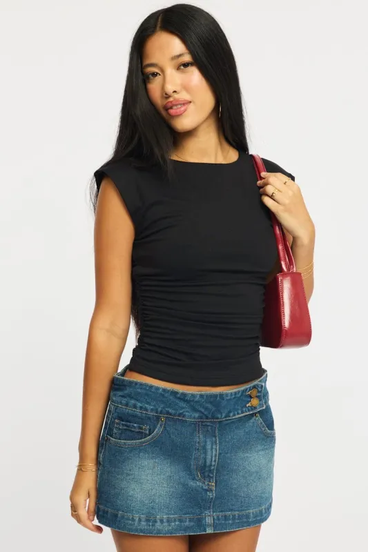 Black Ruched Cap Sleeve Tee made by Ally Fashion