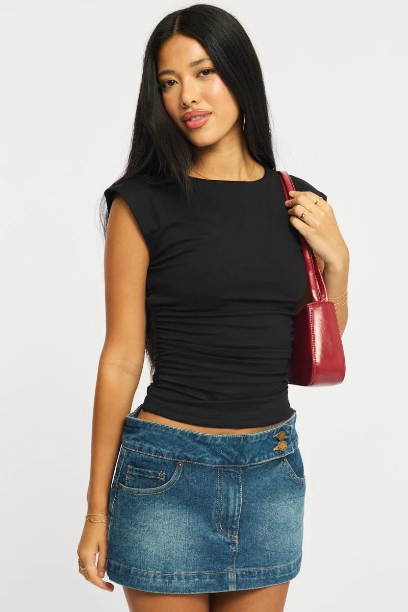 Black Ruched Cap Sleeve Tee sold by Ally Fashion