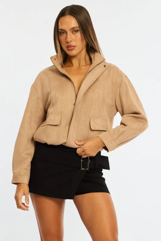 Beige Bomber Jacket Suede made by Ally Fashion