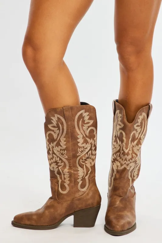 Brown Embroidered Western Cowboy Boots sold by Ally Fashion