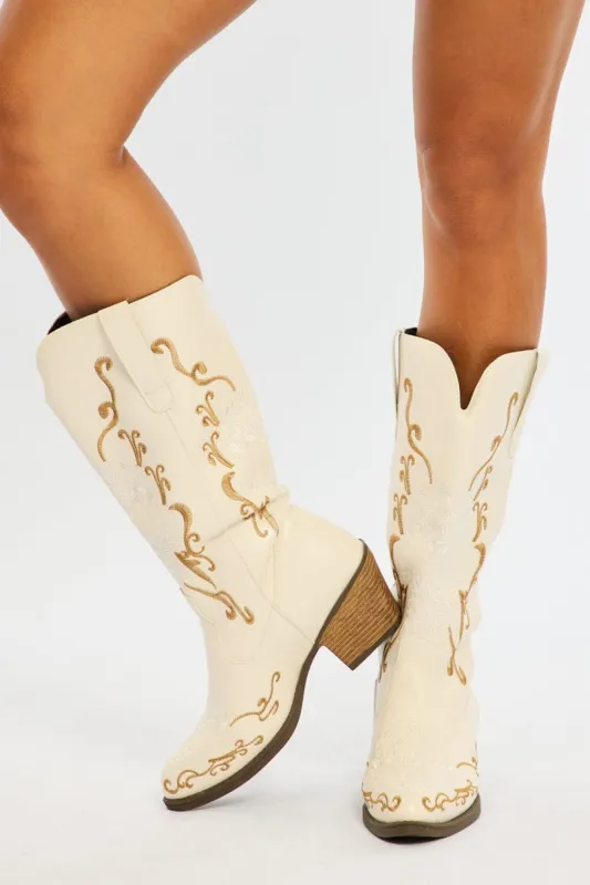 White Embroidered Western Cowboy Boots sold by Ally Fashion