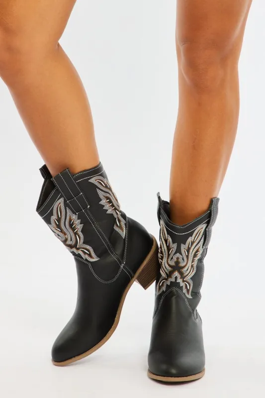Black Embroidered Western Cowboy Boots made by Ally Fashion