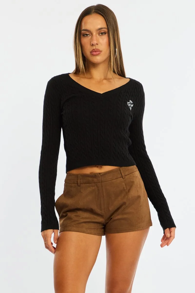 Black Cable Knit Top V-neck Embroidered Detail sold by Ally Fashion