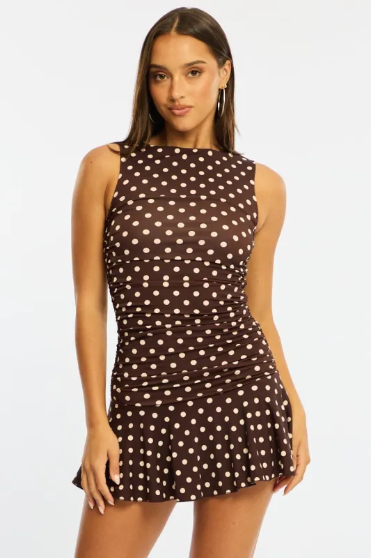 Brown Polka Dot Mini Dress Boat Neck made by Ally Fashion