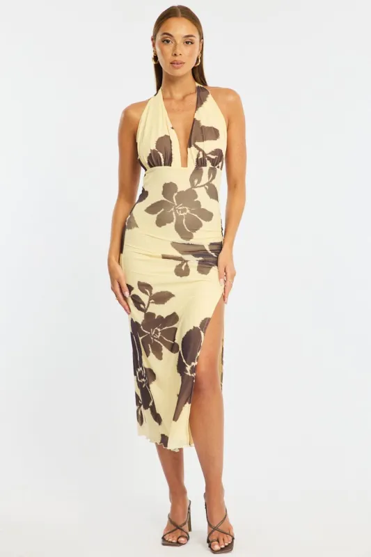 Yellow Floral Bodycon Dress Mesh made by Ally Fashion