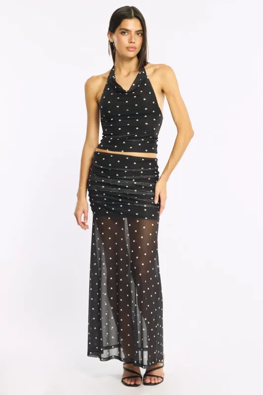 Black Polka Dot Maxi Skirt Elastic Waist Gathered Fit & Flare Mesh sold by Ally Fashion