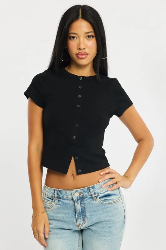 Black Button Front Top Short Sleeve made by Ally Fashion