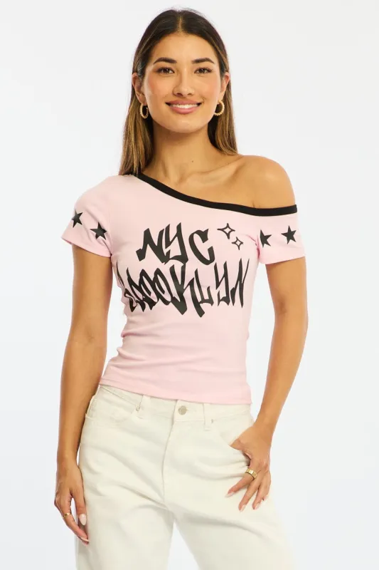 Pink One Shoulder Graphic Tee made by Ally Fashion