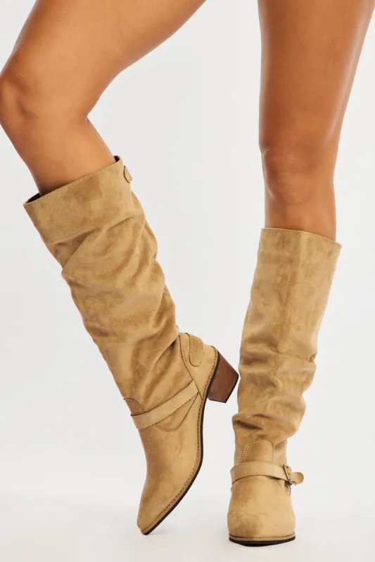 Beige Buckle Detail Cowboy Boots made by Ally Fashion