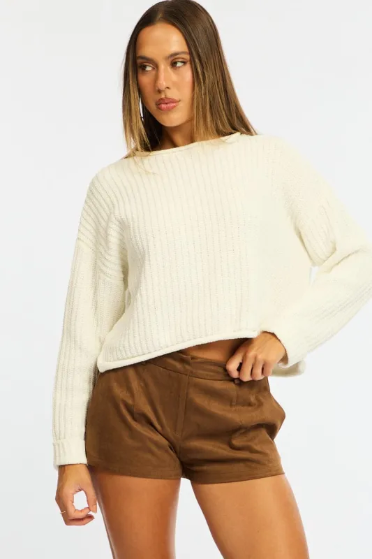 White Basic Knit Long Sleeve Boat Neck made by Ally Fashion