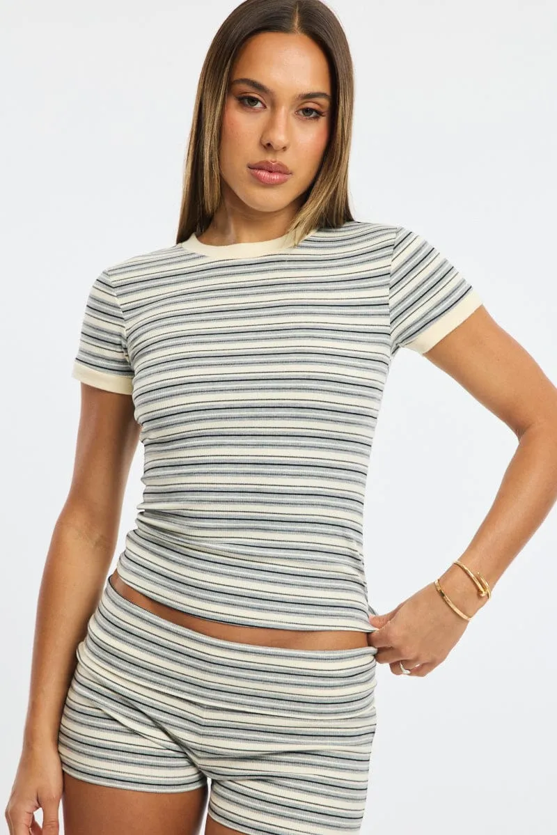 Grey Stripe Stripe Short Sleeve T-shirt sold by Ally Fashion