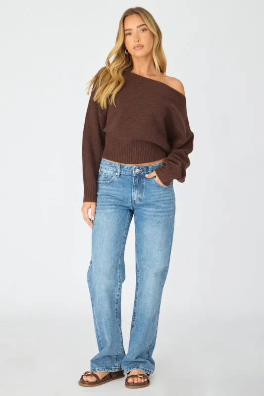 Brown Knit Top Off Shoulder Long Sleeve made by Ally Fashion