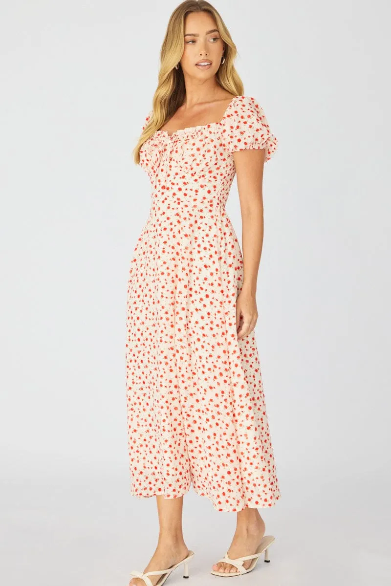 White Ditsy Midi Dress Puff Sleeve sold by Ally Fashion product image thumbnail 4
