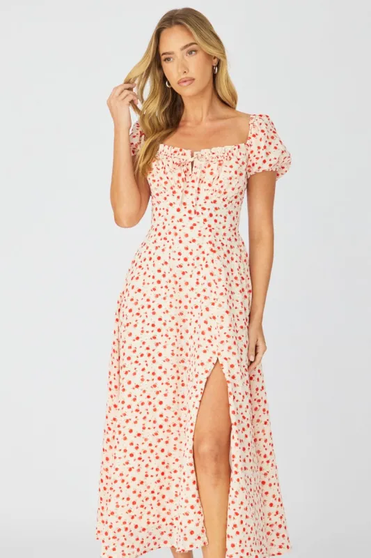 White Ditsy Midi Dress Puff Sleeve made by Ally Fashion