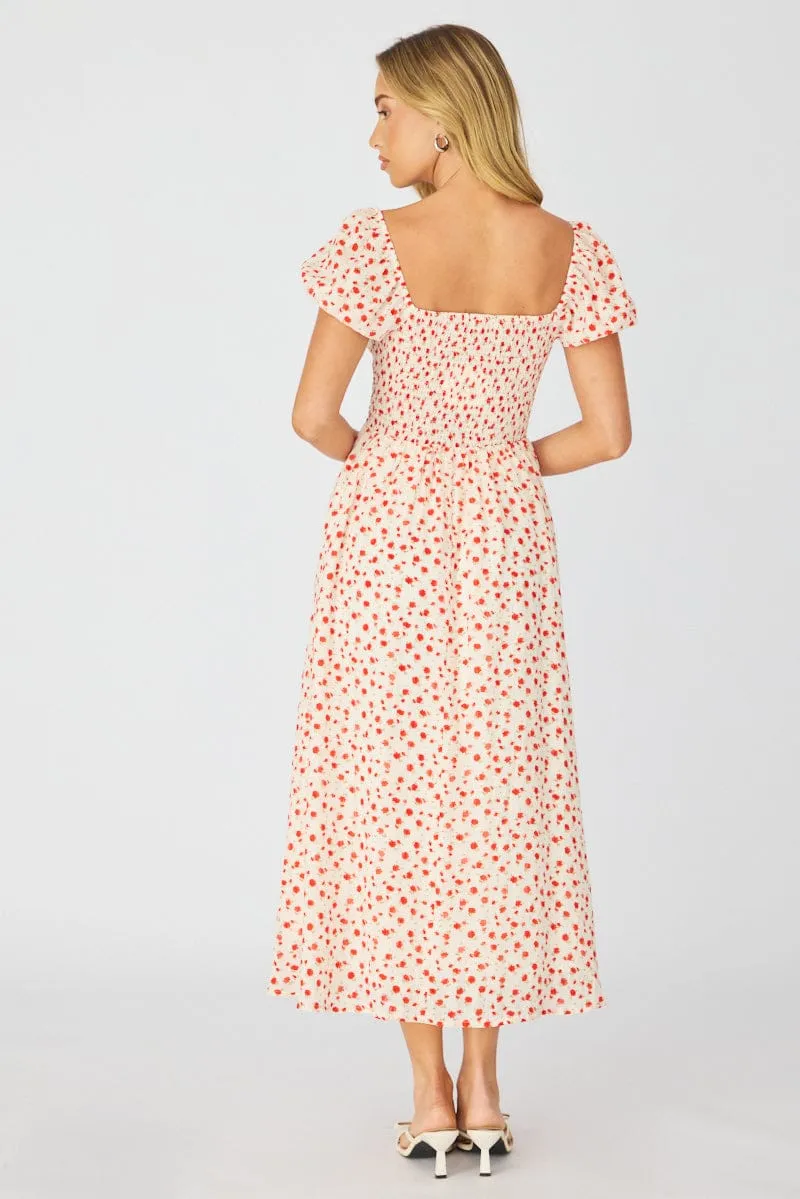White Ditsy Midi Dress Puff Sleeve sold by Ally Fashion product image thumbnail 5