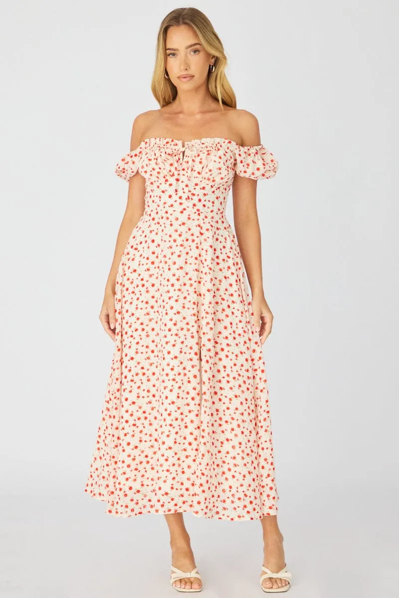 White Ditsy Midi Dress Puff Sleeve sold by Ally Fashion product image thumbnail 2