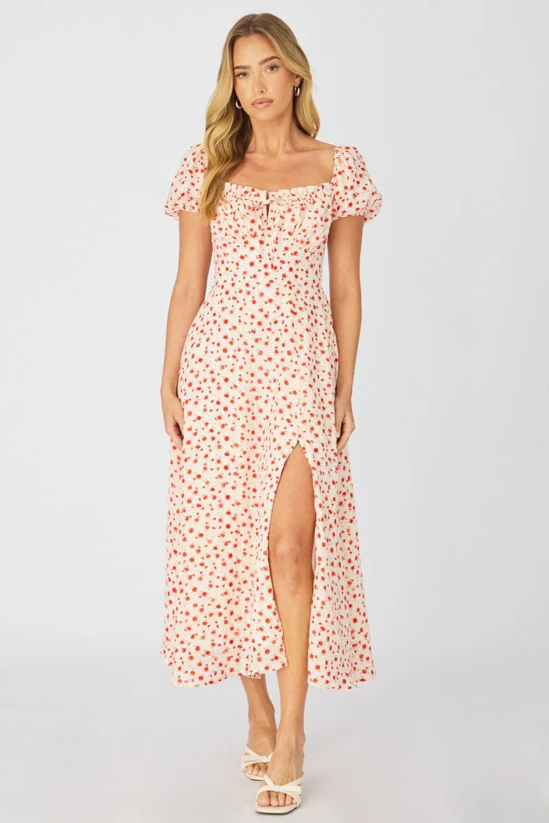 White Ditsy Midi Dress Puff Sleeve sold by Ally Fashion product image thumbnail 3