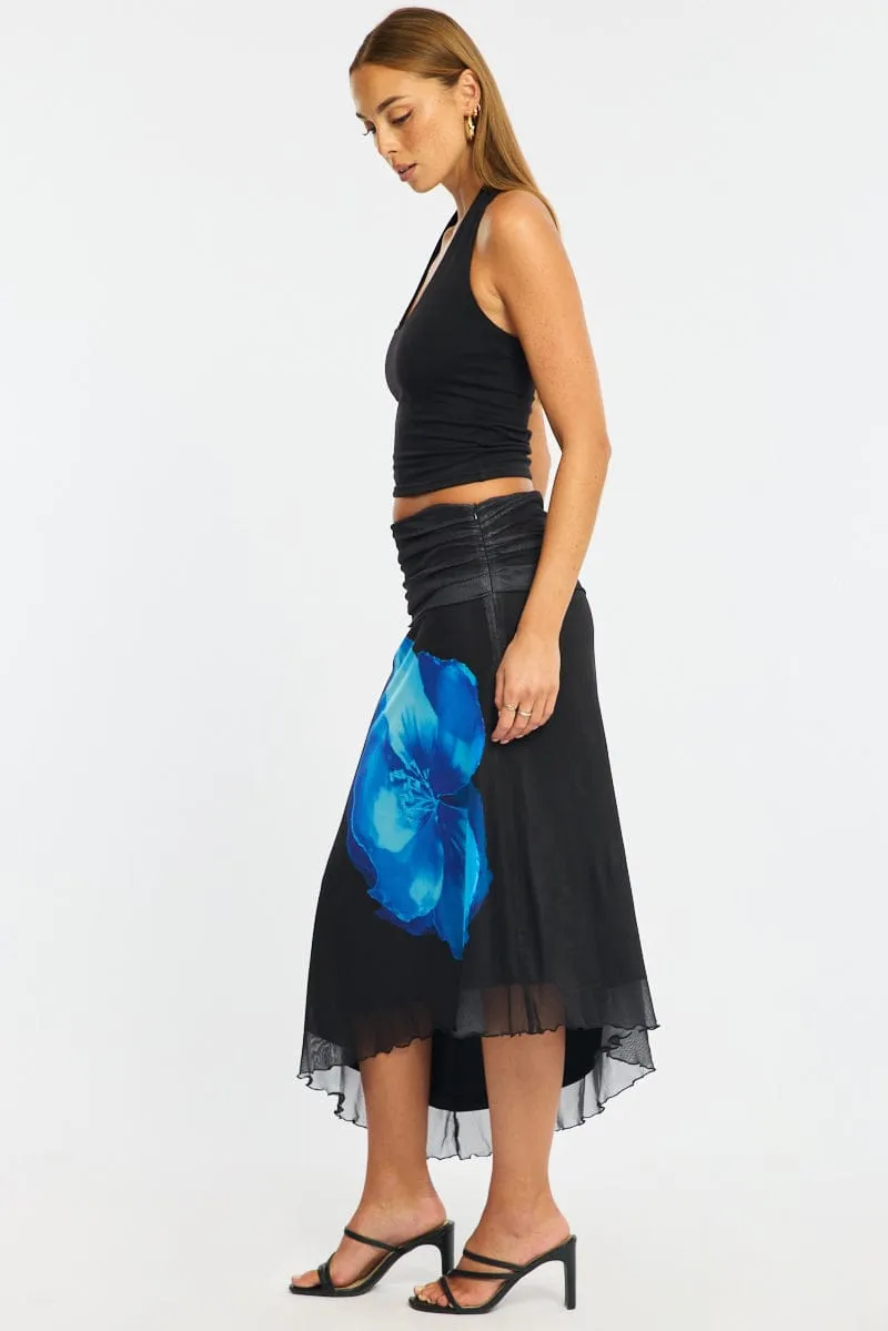 Blue Floral Scarf Hem Midi Skirt Elastic Waist Placement Print sold by Ally Fashion product image thumbnail 4