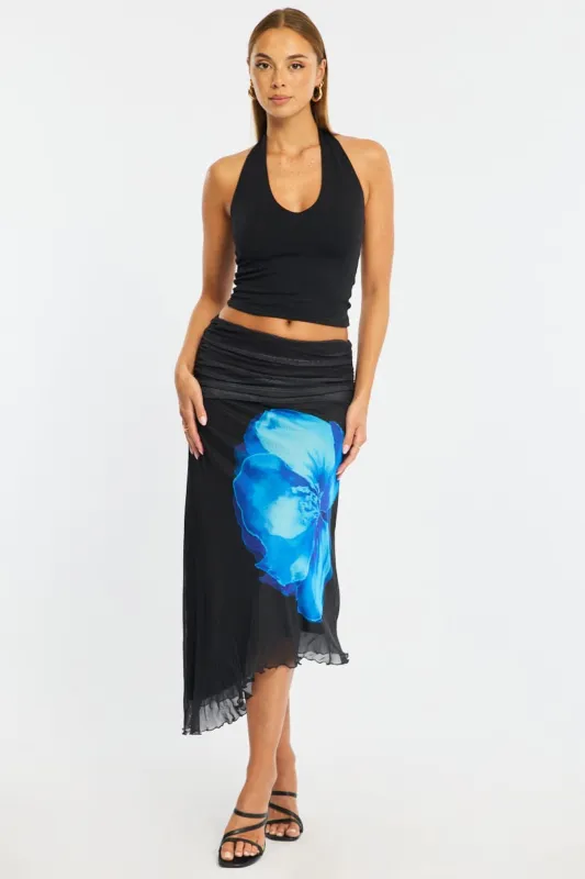 Blue Floral Scarf Hem Midi Skirt Elastic Waist Placement Print made by Ally Fashion