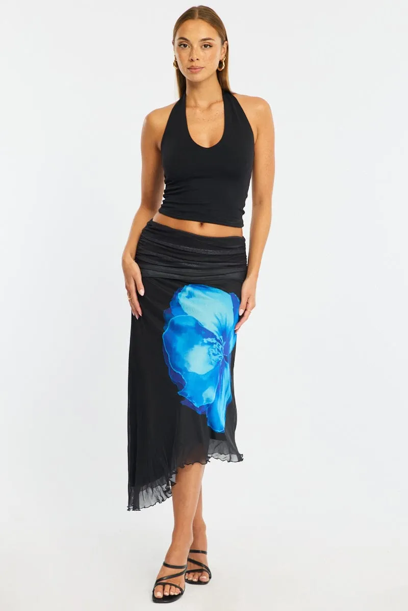 Blue Floral Scarf Hem Midi Skirt Elastic Waist Placement Print sold by Ally Fashion